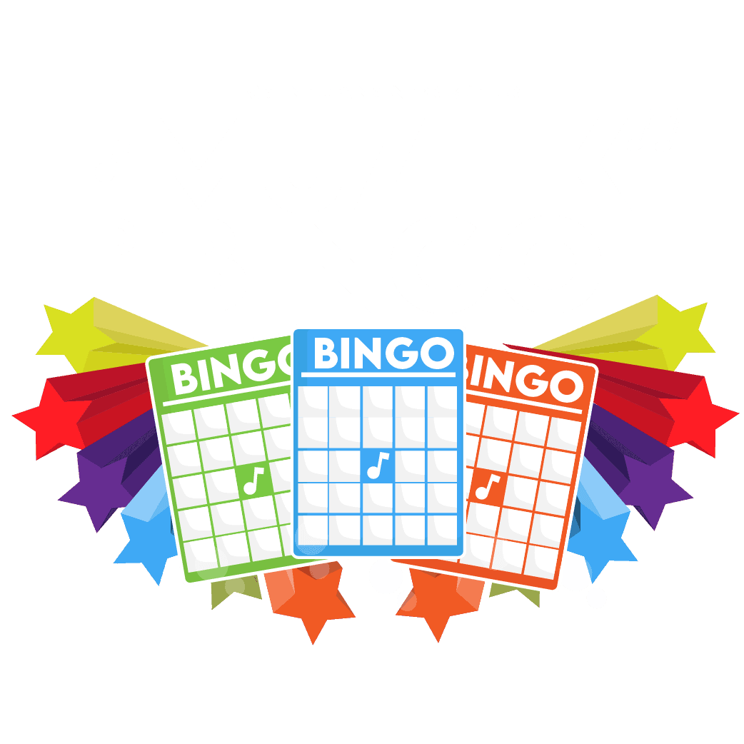 Logo van De Muziekbingo met drie bingokaarten